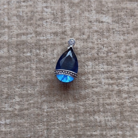 Faux Blue Sapphire Tear Drop Silver Pendant - Picture 8 of 10